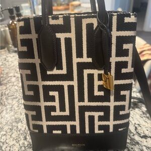 Balmain Monogram Print Tote Bag – Black & Cream | Excellent Condition